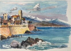 French Watercolor of Antibes Coastline with Fortified Walls and Mountains