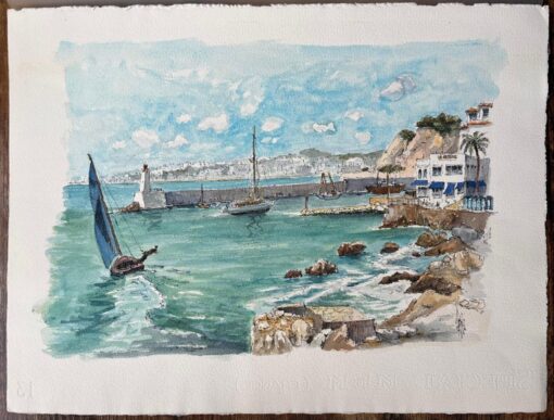 French Watercolor of Nice Port with Sailboats and Coastal Architecture - Image 2