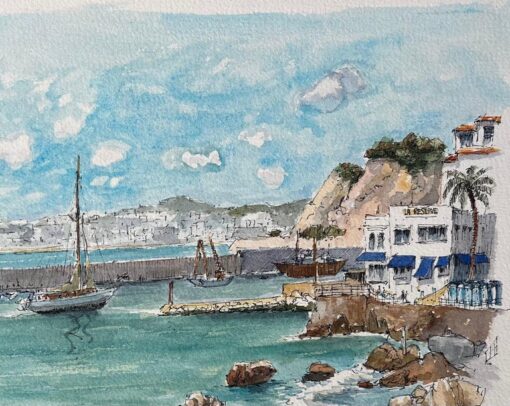 French Watercolor of Nice Port with Sailboats and Coastal Architecture - Image 3