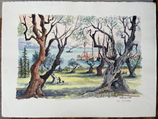 French Watercolor of Beaulieu-sur-Mer with Olive Trees and Harbor View - Image 2