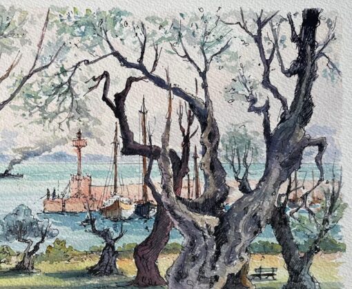 French Watercolor of Beaulieu-sur-Mer with Olive Trees and Harbor View - Image 4