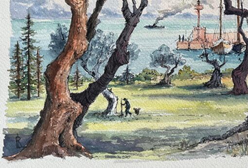 French Watercolor of Beaulieu-sur-Mer with Olive Trees and Harbor View - Image 5