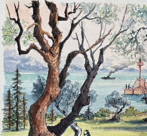 French Watercolor of Beaulieu-sur-Mer with Olive Trees and Harbor View - Image 6