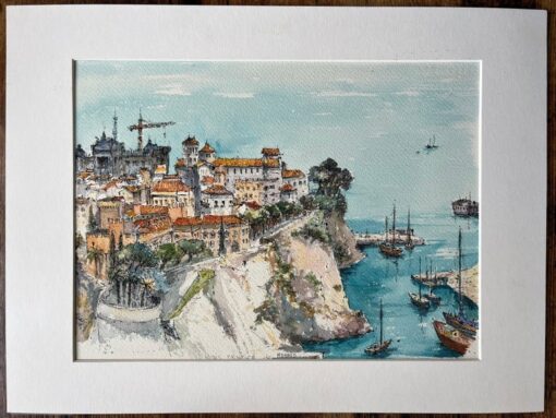 French Watercolor of Monaco’s Old Town and Harbour - Image 2