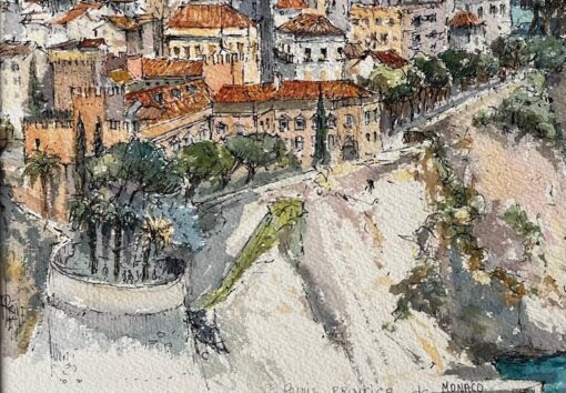 French Watercolor of Monaco’s Old Town and Harbour - Image 3
