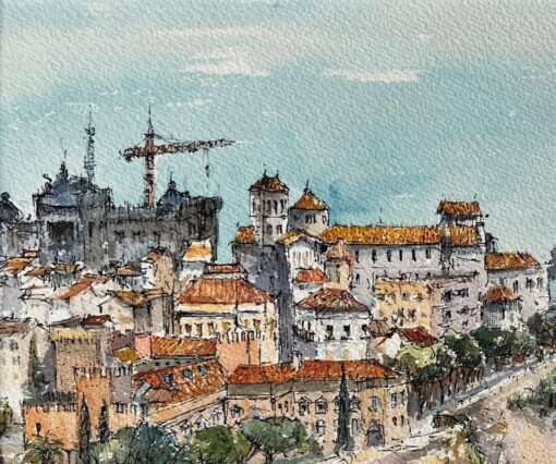 French Watercolor of Monaco’s Old Town and Harbour - Image 4
