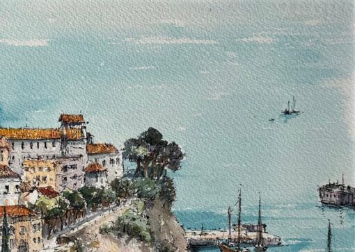 French Watercolor of Monaco’s Old Town and Harbour - Image 5