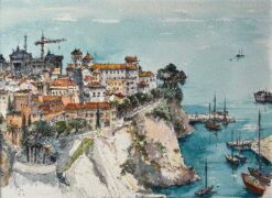 French Watercolor of Monaco’s Old Town and Harbour