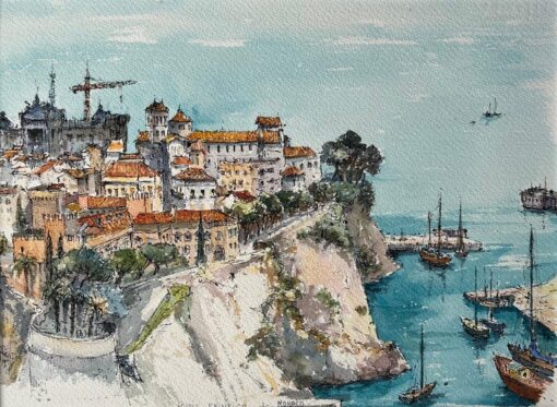 French Watercolor of Monaco’s Old Town and Harbour