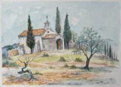 French Watercolor of Rustic Chapel in the Provence Countryside
