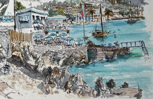 French Watercolor of Le Roc-Martin and Seaside Café - Image 5
