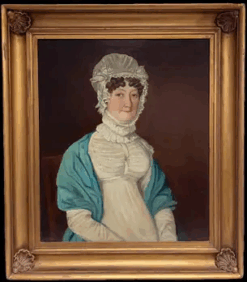 Fine 1800's Georgian English Portrait of Lady in Lace Bonnet Blue Shawl, oil