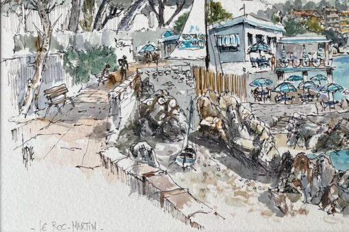 French Watercolor of Le Roc-Martin and Seaside Café - Image 6