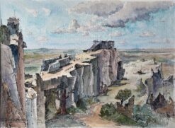 French Watercolor of Les Baux-de-Provence with Ruins and Cliffside Path