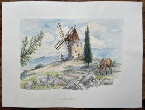 French Watercolor of Moulin de Daudet in Fontvieille Provence - Image 2