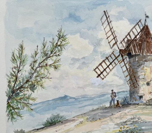 French Watercolor of Moulin de Daudet in Fontvieille Provence - Image 3