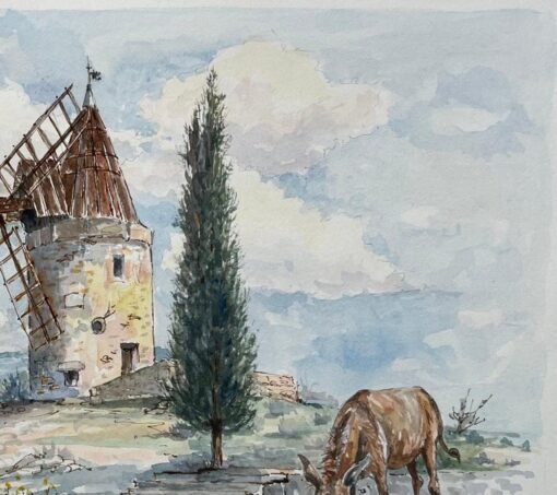 French Watercolor of Moulin de Daudet in Fontvieille Provence - Image 4