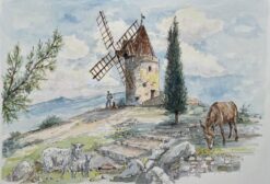 French Watercolor of Moulin de Daudet in Fontvieille Provence