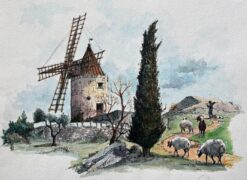 French Watercolor of Moulin de Daudet in Fontvieille Provence