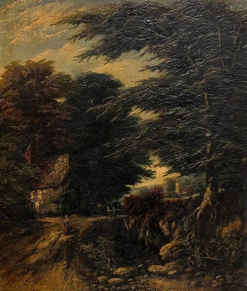 Fine 1830's English Oil Painting on panel Countryside Rural Lane with Gilt Frame - Image 2