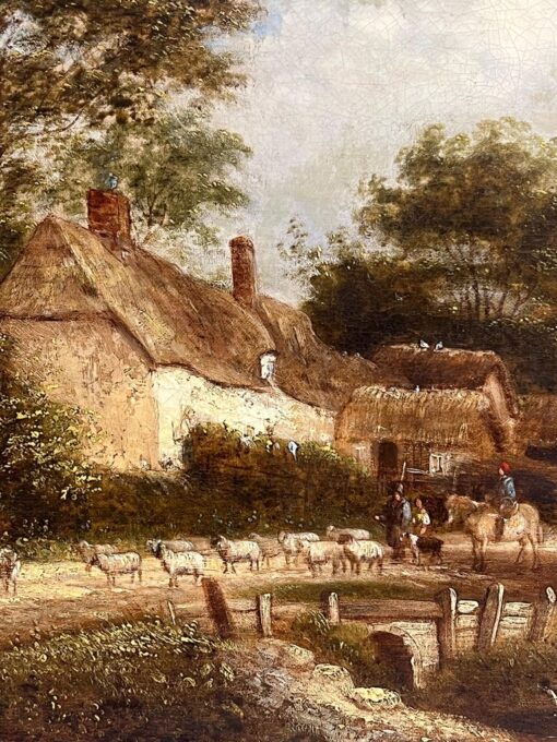 Fine Victorian English Oil Rural Cottage Landscape Figures & Animals in Lane - Image 3