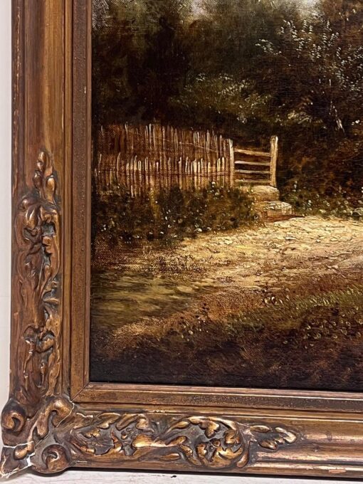 Fine Victorian English Oil Rural Cottage Landscape Figures & Animals in Lane - Image 5