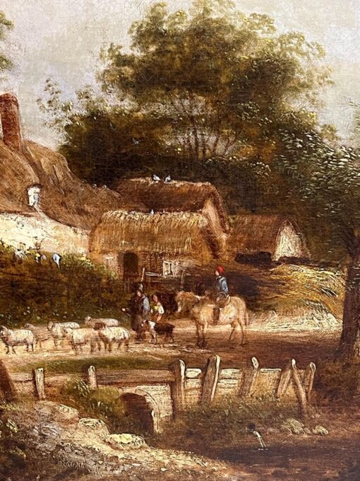 Fine Victorian English Oil Rural Cottage Landscape Figures & Animals in Lane - Image 7