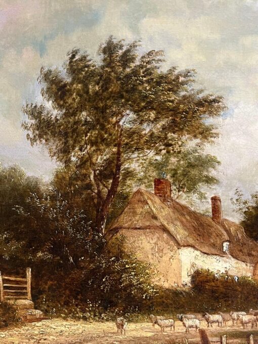 Fine Victorian English Oil Rural Cottage Landscape Figures & Animals in Lane - Image 8