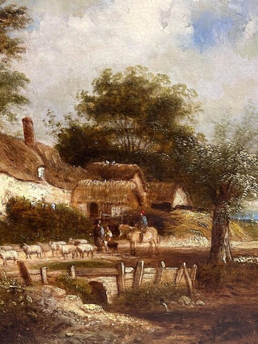 Fine Victorian English Oil Rural Cottage Landscape Figures & Animals in Lane - Image 9