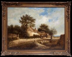 Fine Victorian English Oil Rural Cottage Landscape Figures & Animals in Lane