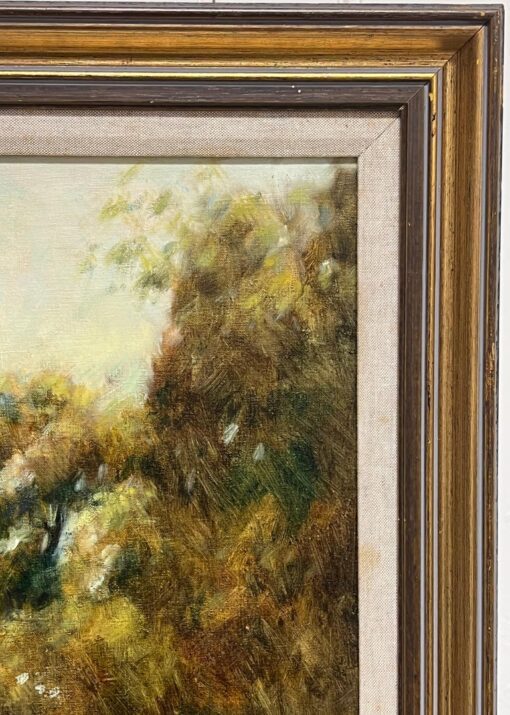 British Impressionist 20th Century Signed Oil Sludgy Green River Landscape Boat - Image 3