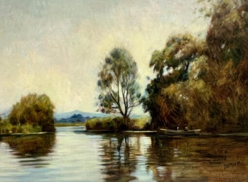 British Impressionist 20th Century Signed Oil Sludgy Green River Landscape Boat - Image 11