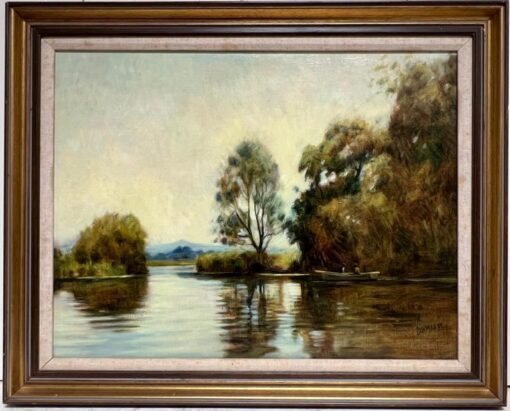 British Impressionist 20th Century Signed Oil Sludgy Green River Landscape Boat