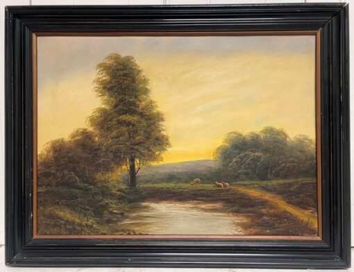 Antique English Oil Painting Sheep in Pastoral Landscape Golden Light - Image 2