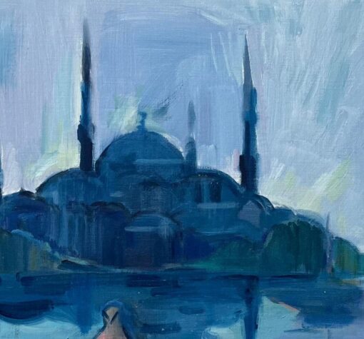 Original Oil Painting of Istanbul’s Blue Mosque with Reflection and Bird - Image 6
