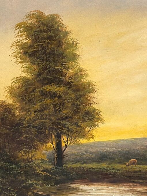 Antique English Oil Painting Sheep in Pastoral Landscape Golden Light - Image 5