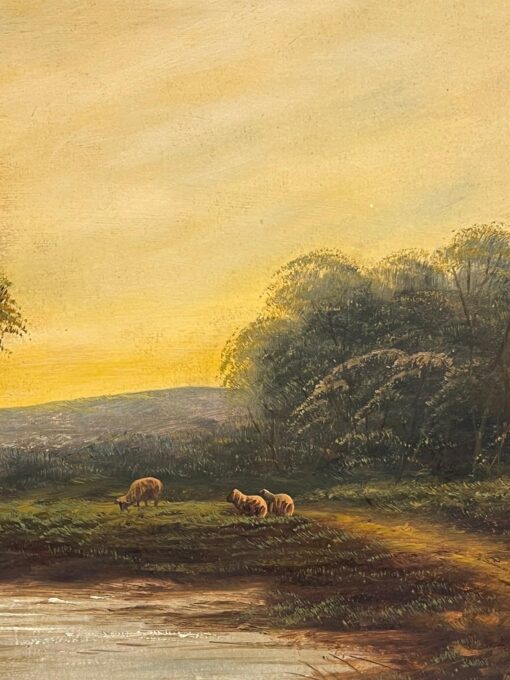 Antique English Oil Painting Sheep in Pastoral Landscape Golden Light - Image 6