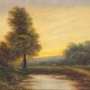 Antique English Oil Painting Sheep in Pastoral Landscape Golden Light