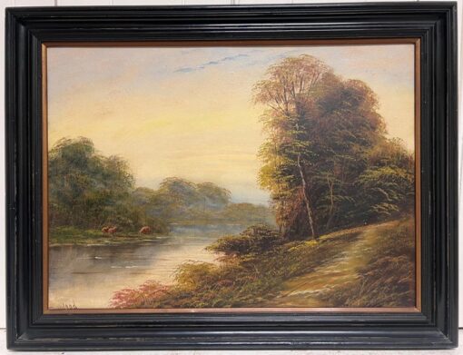 Tranquil Pastoral Landscape River Grazing Banks of Sunset River Landscape Oil - Image 2