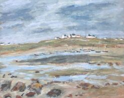 Dry Shore with Distant Docked Sailing Boats French Landscape Oil Painting