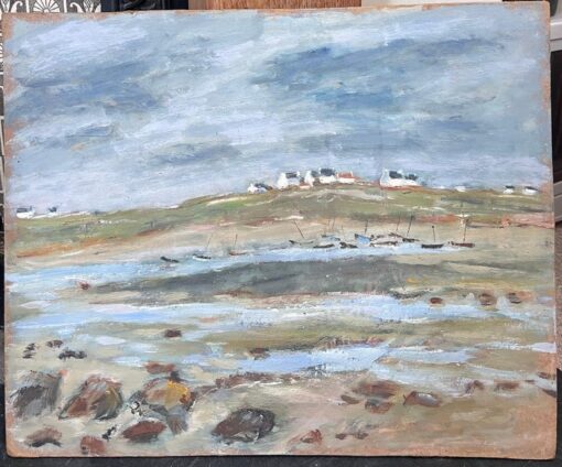 Dry Shore with Distant Docked Sailing Boats French Landscape Oil Painting - Image 2