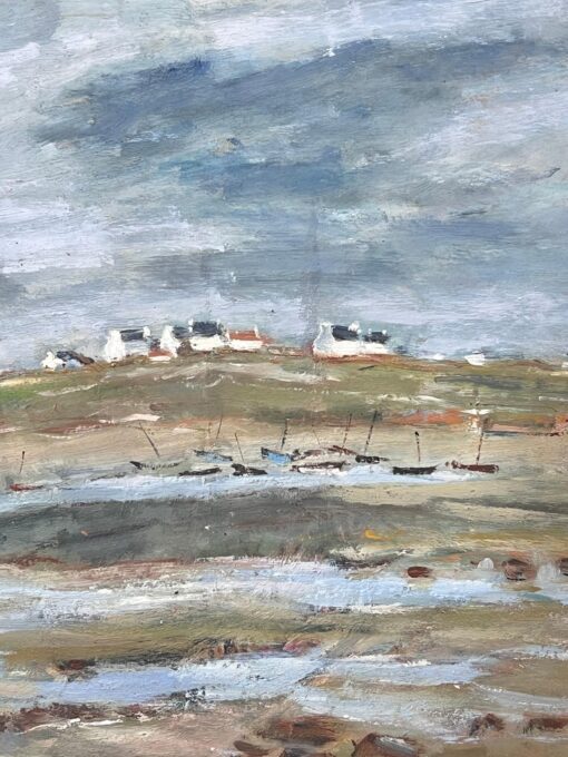 Dry Shore with Distant Docked Sailing Boats French Landscape Oil Painting - Image 3