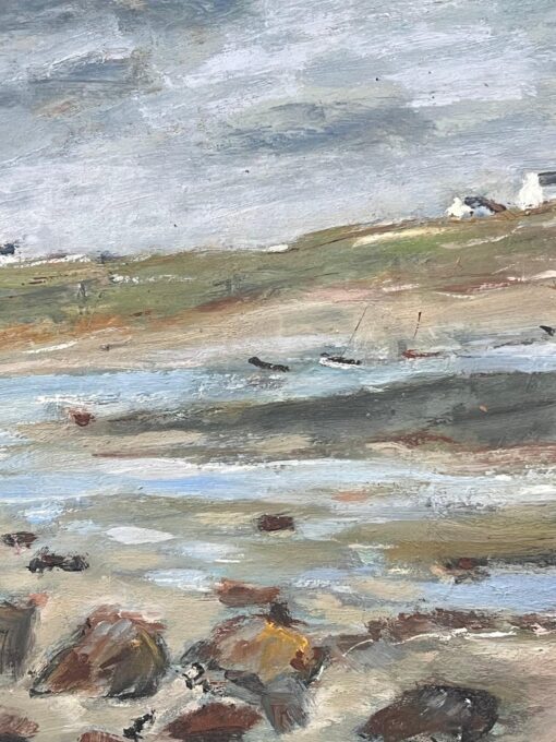 Dry Shore with Distant Docked Sailing Boats French Landscape Oil Painting - Image 4