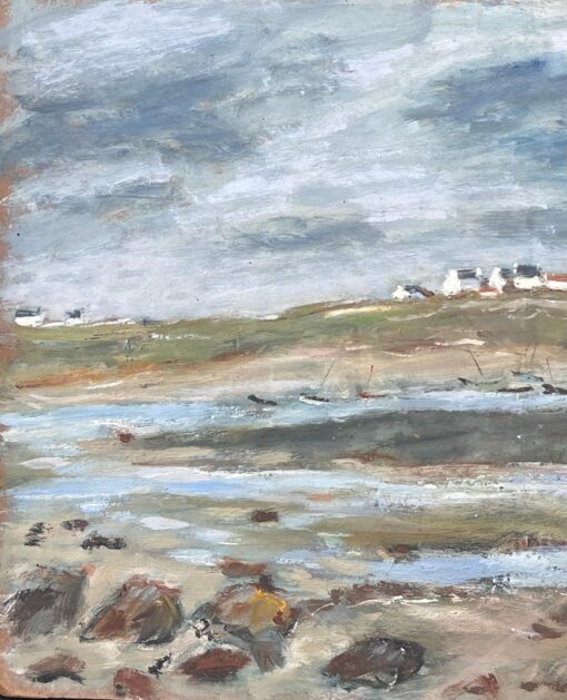 Dry Shore with Distant Docked Sailing Boats French Landscape Oil Painting - Image 5