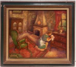 1970's French Modernist Signed Oil Woman in Parlor Interior Cleaning Furniture