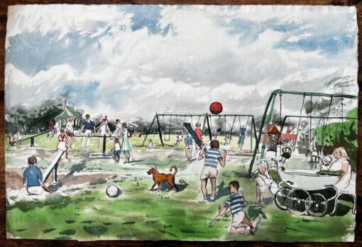 Vintage Playground Scene Southport Common with Swings Pram and Children - Image 2