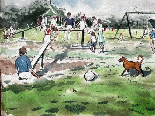 Vintage Playground Scene Southport Common with Swings Pram and Children - Image 5