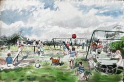 Vintage Playground Scene Southport Common with Swings Pram and Children