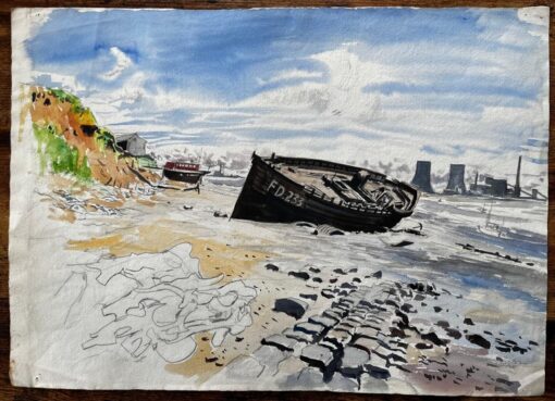 Beached Fishing Boat on Mersey Estuary Industrial Lancashire Landscape - Image 2
