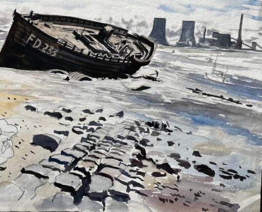 Beached Fishing Boat on Mersey Estuary Industrial Lancashire Landscape - Image 3